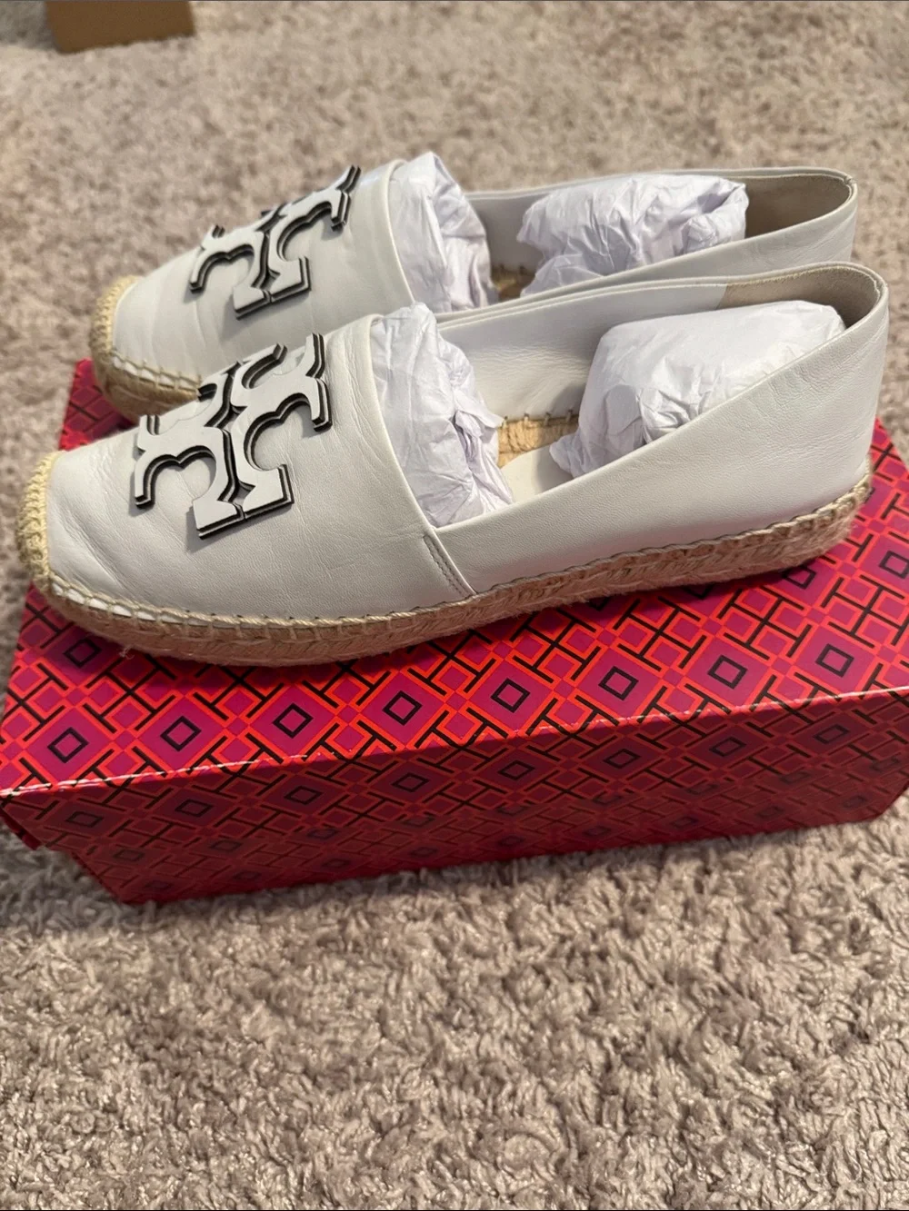 Tory Burch White Leather Logo Espadrille Slip-Ons